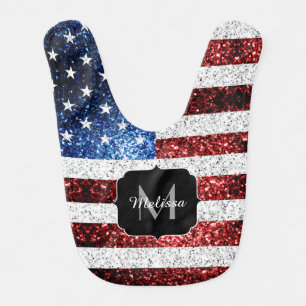 USA flag red white blue sparkles glitters Monogram Baby Bib