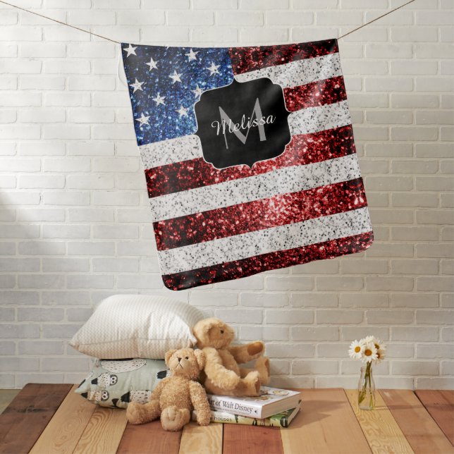 USA flag red white blue sparkles glitters Monogram Baby Blanket (In Situ)