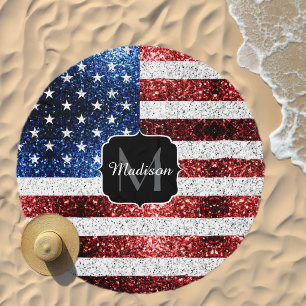 USA flag red white blue sparkles glitters Monogram Beach Towel