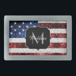 USA flag red white blue sparkles glitters Monogram Belt Buckle<br><div class="desc">Personalize faux sparkly gift with your custom initial and name. 
Sparkly America 4th of July white glowy stars and sparkled stripes. Vibrant USA flag in red,  white and blue faux sparkles glitters. We use photo of sparkles glitter!</div>