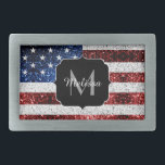 USA flag red white blue sparkles glitters Monogram Belt Buckle<br><div class="desc">Personalize faux sparkly gift with your custom initial and name. 
Sparkly America 4th of July white glowy stars and sparkled stripes. Vibrant USA flag in red,  white and blue faux sparkles glitters. We use photo of sparkles glitter!</div>
