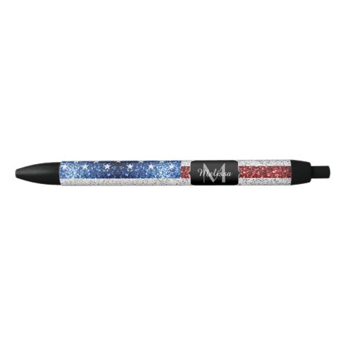 USA flag red white blue sparkles glitters Monogram Black Ink Pen