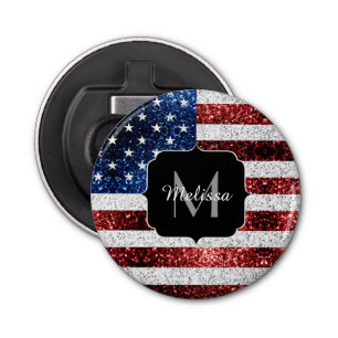 USA flag red white blue sparkles glitters Monogram Bottle Opener