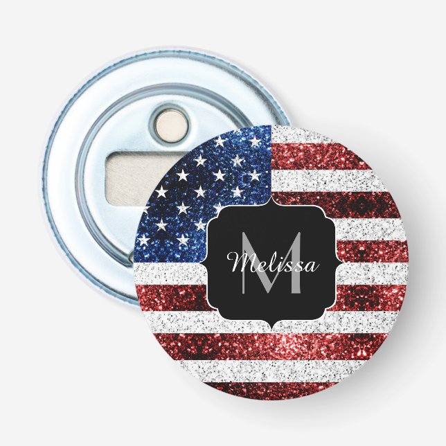 USA flag red white blue sparkles glitters Monogram Bottle Opener (Front)