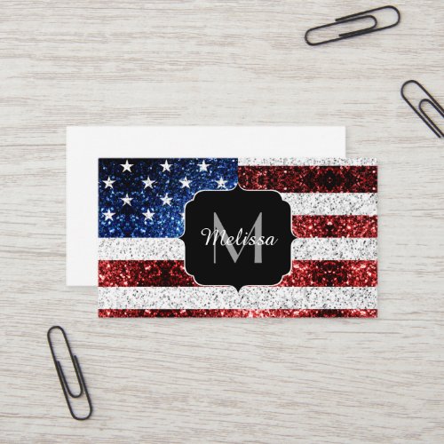 USA flag red white blue sparkles glitters Monogram Business Card