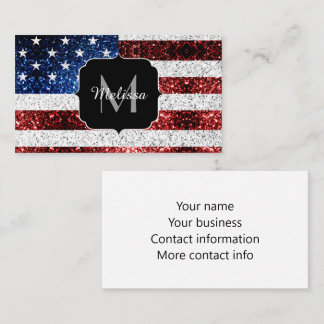 USA flag red white blue sparkles glitters Monogram Business Card
