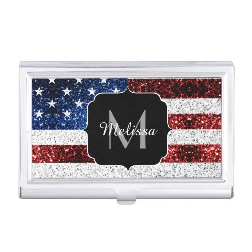 USA flag red white blue sparkles glitters Monogram Business Card Case