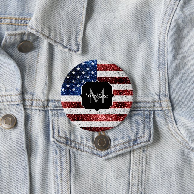 USA flag red white blue sparkles glitters Monogram Button (In Situ)