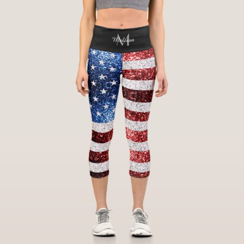 USA flag red white blue sparkles glitters Monogram Capri Leggings