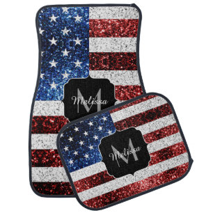 USA flag red white blue sparkles glitters Monogram Car Floor Mat