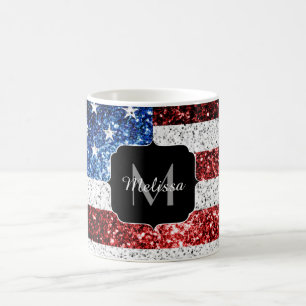 USA flag red white blue sparkles glitters Monogram Coffee Mug