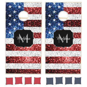 USA flag red white blue sparkles glitters Monogram Cornhole Set