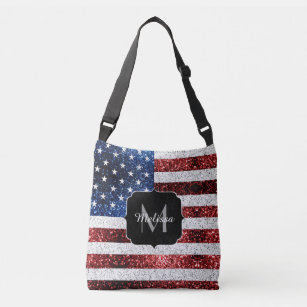 USA flag red white blue sparkles glitters Monogram Crossbody Bag