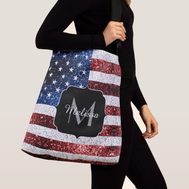 USA flag red white blue sparkles glitters Monogram Crossbody Bag (Close Up)