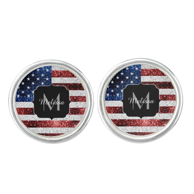 USA flag red white blue sparkles glitters Monogram Cufflinks (Front)