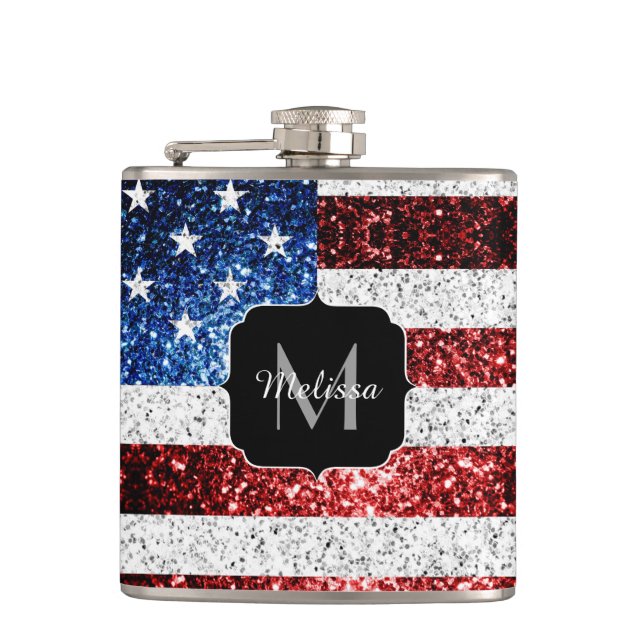 USA flag red white blue sparkles glitters Monogram Flask (Front)