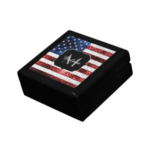 USA flag red white blue sparkles glitters Monogram Gift Box