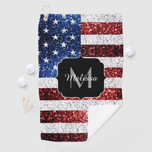 USA flag red white blue sparkles glitters Monogram Golf Towel (InSitu)