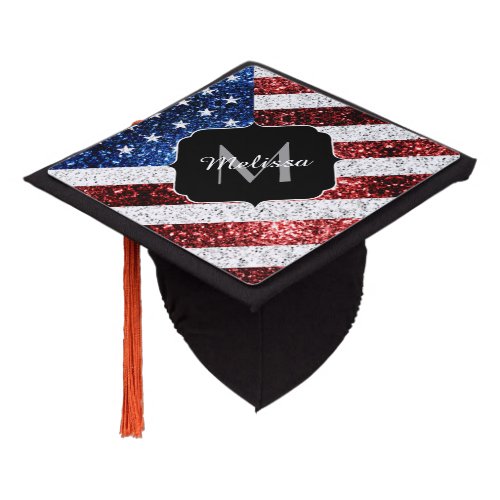 USA flag red white blue sparkles glitters Monogram Graduation Cap Topper