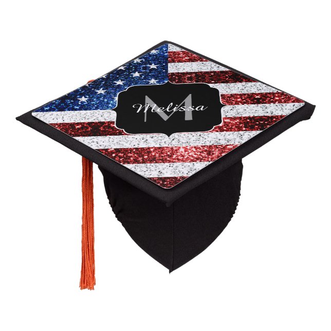USA flag red white blue sparkles glitters Monogram Graduation Cap Topper (Angled)