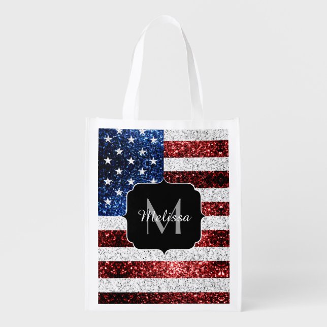 USA flag red white blue sparkles glitters Monogram Grocery Bag (Front)