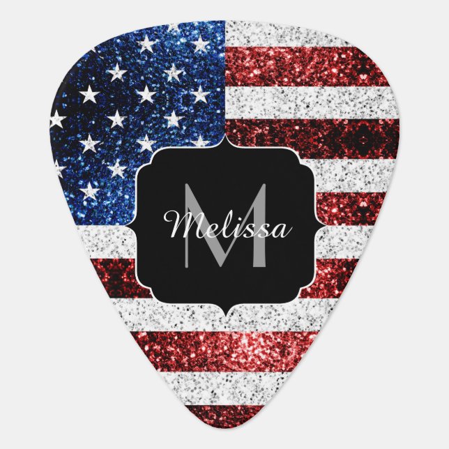 USA flag red white blue sparkles glitters Monogram Guitar Pick (Front)