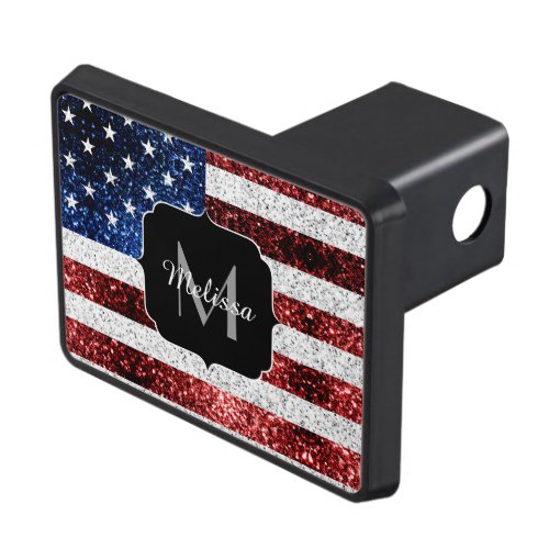 USA flag red white blue sparkles glitters Monogram Hitch Cover