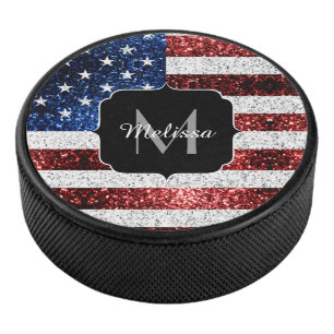 USA flag red white blue sparkles glitters Monogram Hockey Puck