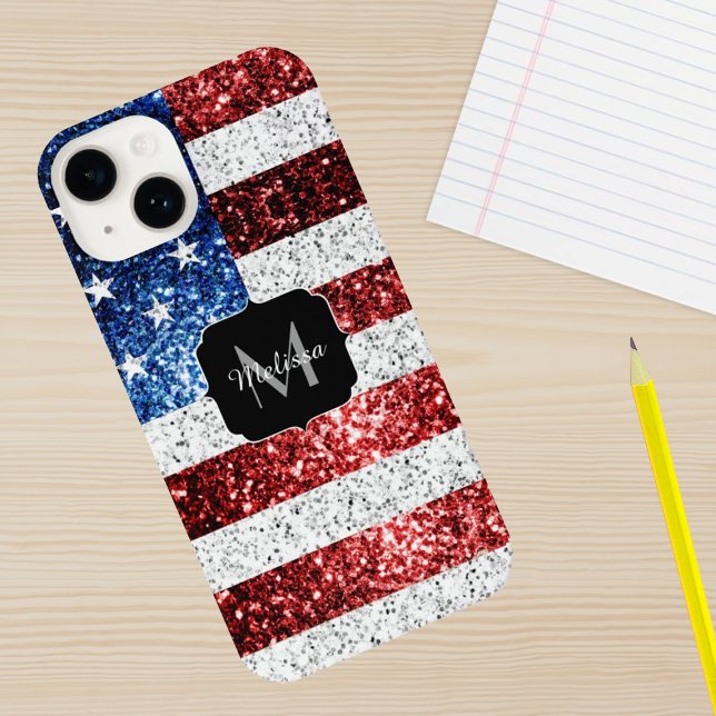 USA flag red white blue sparkles glitters Monogram iPhone Case (Creator Uploaded)