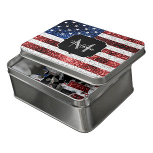 USA flag red white blue sparkles glitters Monogram Jigsaw Puzzle