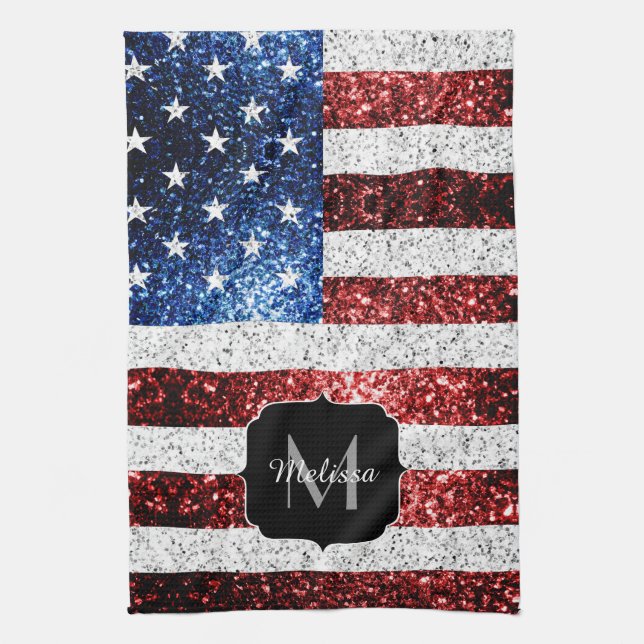 USA flag red white blue sparkles glitters Monogram Kitchen Towel (Vertical)