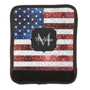 USA flag red white blue sparkles glitters Monogram Luggage Handle Wrap