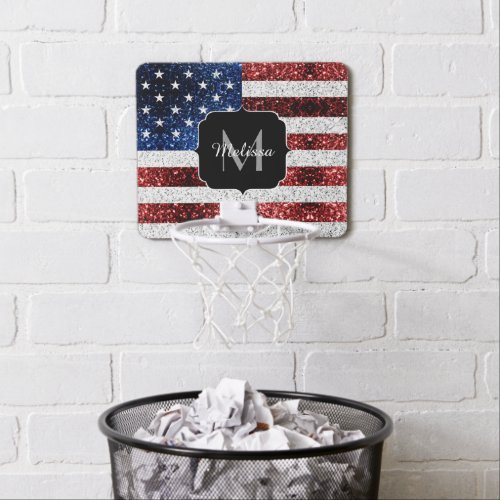 USA flag red white blue sparkles glitters Monogram Mini Basketball Hoop