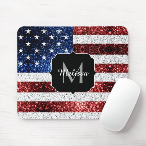 USA flag red white blue sparkles glitters Monogram Mouse Pad