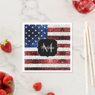 USA flag red white blue sparkles glitters Monogram Napkins