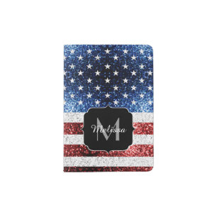 USA flag red white blue sparkles glitters Monogram Passport Holder