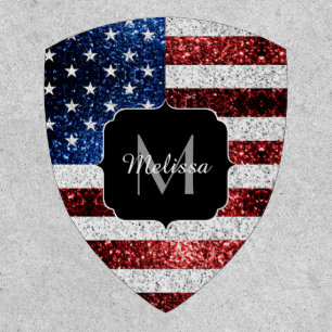 USA flag red white blue sparkles glitters Monogram Patch