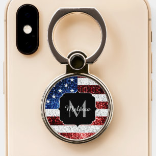 USA flag red white blue sparkles glitters Monogram Phone Ring Stand