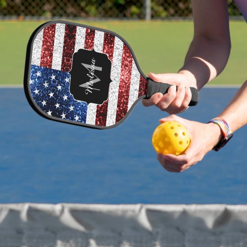 USA flag red white blue sparkles glitters Monogram Pickleball Paddle