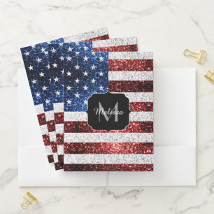 USA flag red white blue sparkles glitters Monogram Pocket Folder
