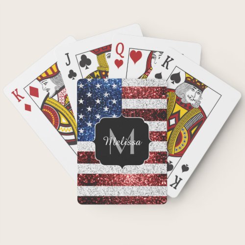 USA flag red white blue sparkles glitters Monogram Poker Cards