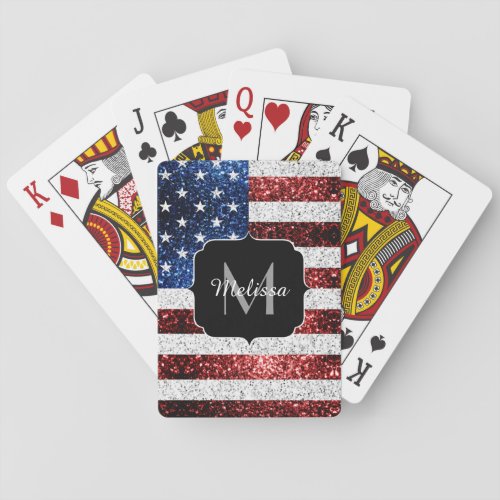 USA flag red white blue sparkles glitters Monogram Poker Cards