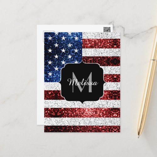 USA flag red white blue sparkles glitters Monogram Postcard