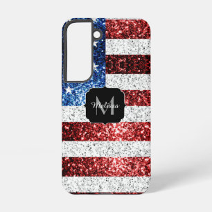USA flag red white blue sparkles glitters Monogram Samsung Galaxy S22 Case