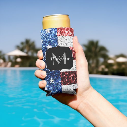 USA flag red white blue sparkles glitters Monogram Seltzer Can Cooler