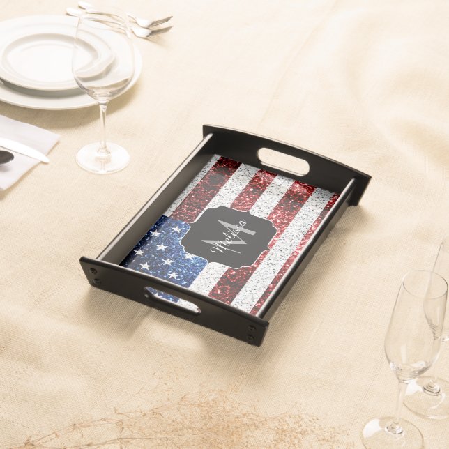 USA flag red white blue sparkles glitters Monogram Serving Tray (Front)
