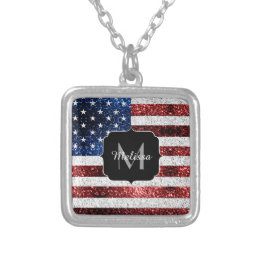 USA flag red white blue sparkles glitters Monogram Silver Plated Necklace