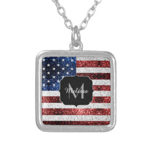 USA flag red white blue sparkles glitters Monogram Silver Plated Necklace