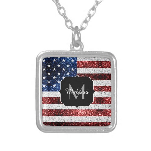 USA flag red white blue sparkles glitters Monogram Silver Plated Necklace