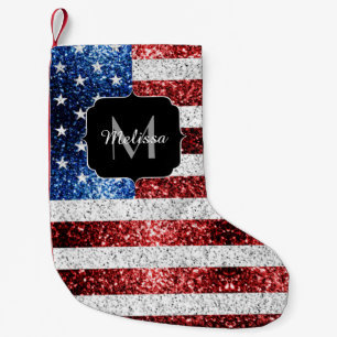 USA flag red white blue sparkles glitters Monogram Small Christmas Stocking